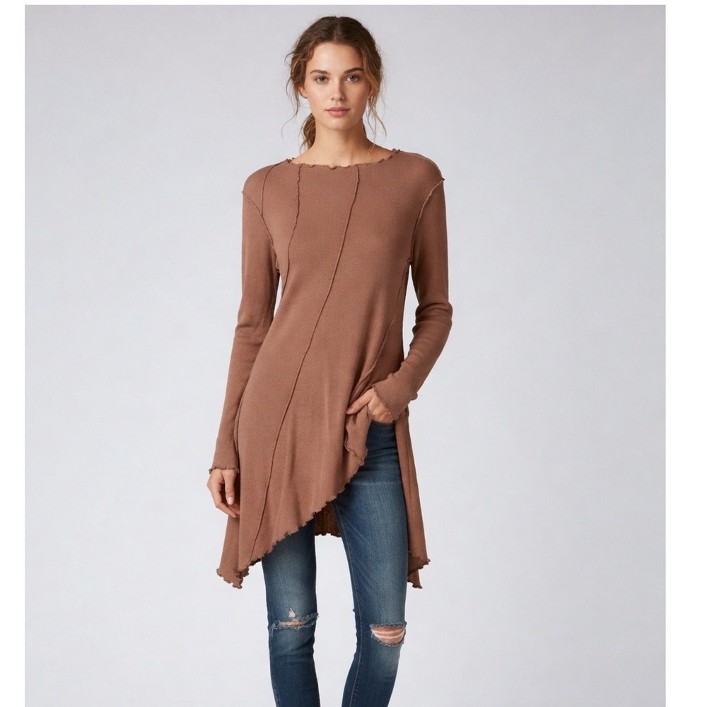 Free People Full‎ Swing Tunic XS Brown Ribbed Exposed Seam Lettuce Trim Boho